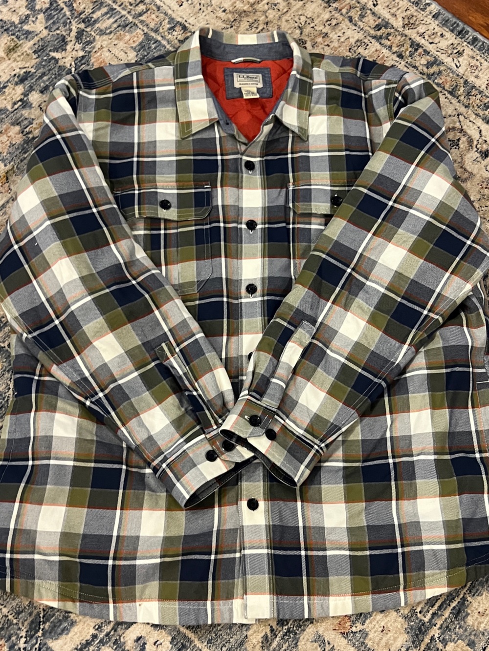 L.L. Bean Olive, Navy & Cream Plaid Quilted-Lined Shirt Jacket